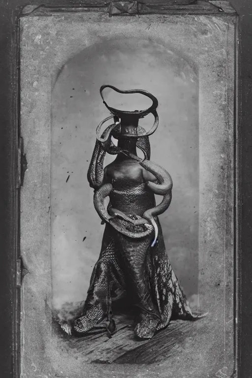 Image similar to a wet plate photo of an anthropomorphic snake dressed for the kings court