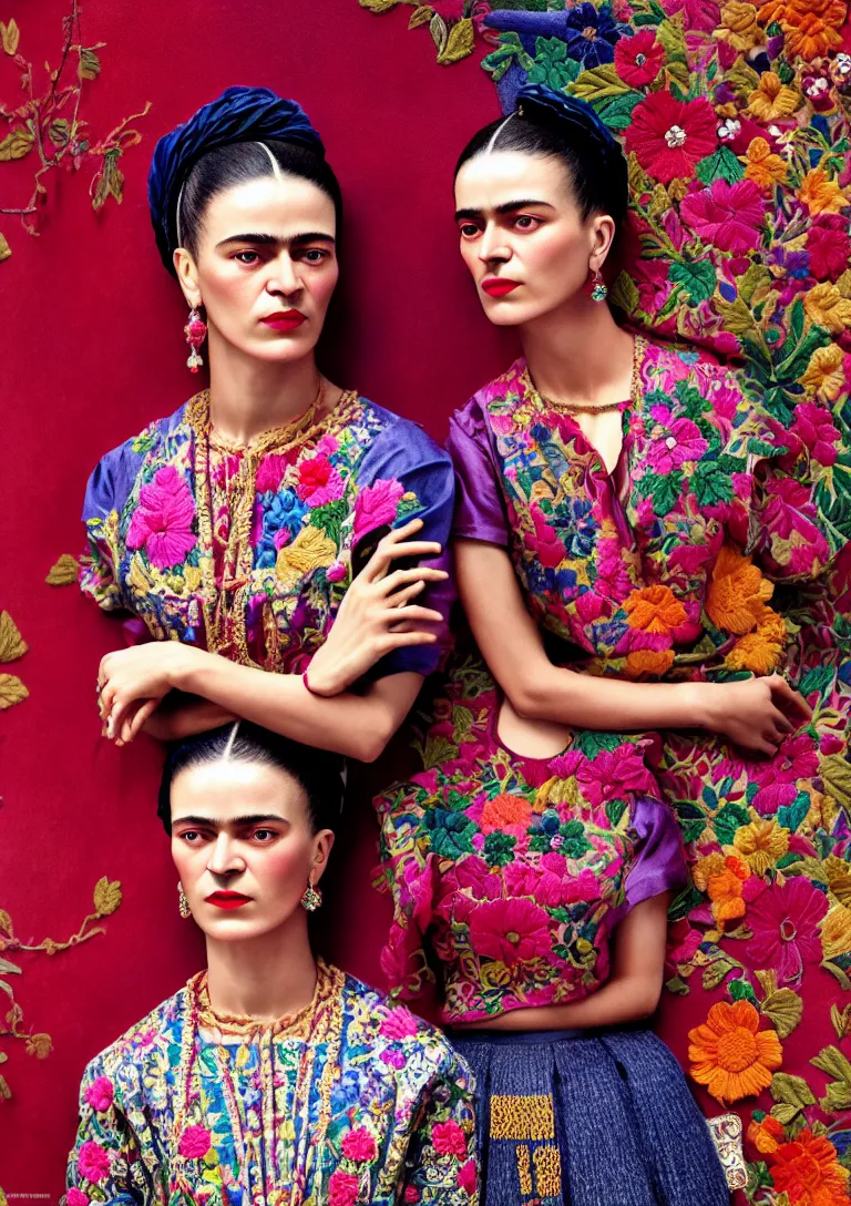 Image similar to cloths on frida khalo style, high detailed intricate fashion clothing, cotton texture, silk colors, ultra realistic, octane render, volumetric lights, long, wide skirts, loose - fitting blouses, elaborate hairstyles, and intricate embroidery
