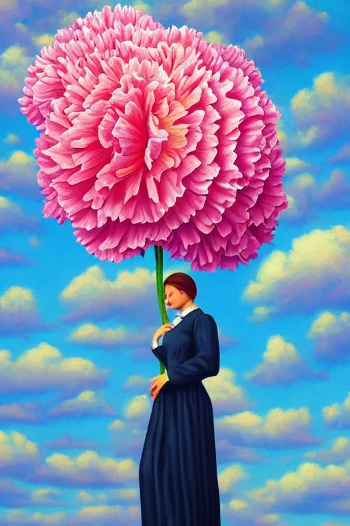 Image similar to closeup, giant carnation flower head, woman in suit, clouds in sky, surreal, impressionist painting, digital painting, artstation, rob gonsalves