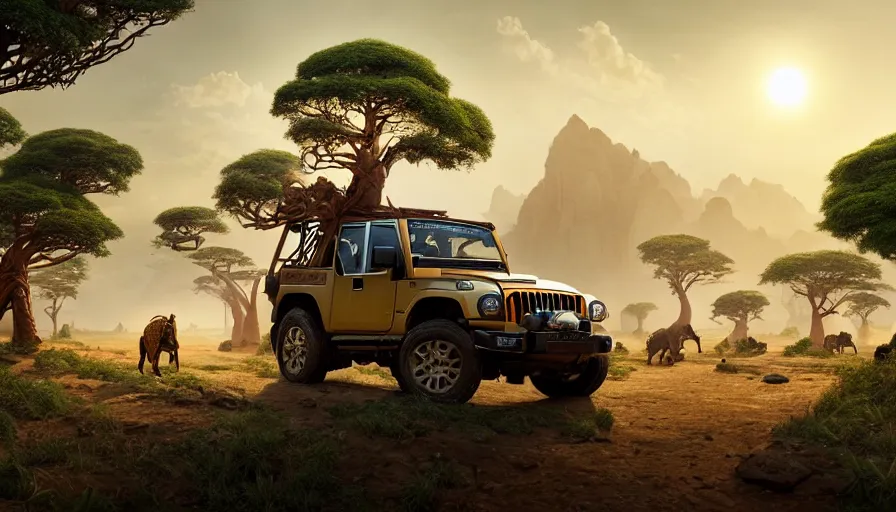 Image similar to mahindra thar driving through madagascar with baobabs trees, animals chasing, action scene, an epic fantasy, artgerm and greg rutkowski and alphonse mucha, an epic fantasy, volumetric light, detailed, establishing shot, an epic fantasy, cinematic, photorealistic, ultrarealistic, trending on art station, octane render, midsommar