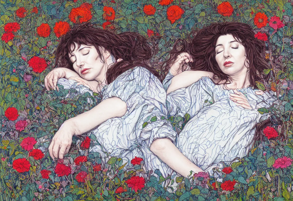 Image similar to portrait of kate bush sleeping in a garden by james jean