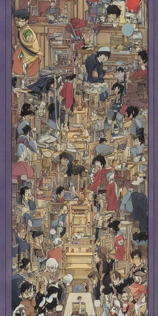 Image similar to a court room with a justice scale on the desk, drawn by a famous anime artist Hayao Miyazaki, high quality, fine lines, amazing detail. colored, intricate ink painting, the justice tarot card, psychedelia,