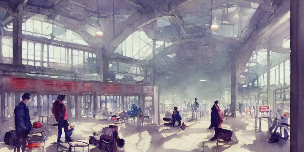 Prompt: a beautiful insanely intricate watercolor illustration of modern bus station waiting room, reflexions, colorfull, by william turner art, by greg rutkowski, by james jean, by rossdraws, by frank franzzeta, by sakimichan, by edmund dulac, trending on artstation, insanely detailed, masterpiece,