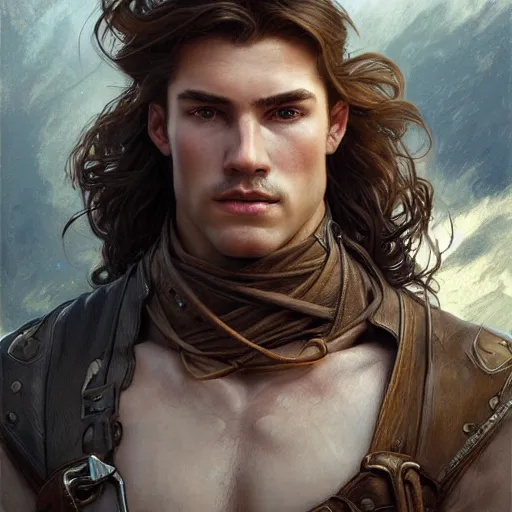 Image similar to portrait of a young, ruggedly handsome ranger, soft hair, muscular, half body, leather, fantasy, intricate, elegant, highly detailed, digital painting, artstation, concept art, smooth, sharp focus, illustration, art by artgerm and greg rutkowski and alphonse mucha