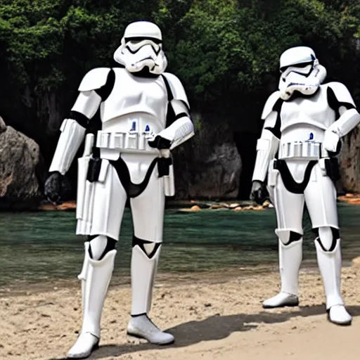 Image similar to storm troopers vacationing in thailand, photoreal