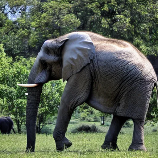 Prompt: photo, elephant is balancing on its trunk