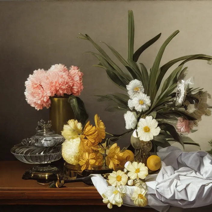 Prompt: still life painting of a beautiful bouquet of flowers by pieter claesz, palm trees in the background, oil on canvas, strong lighting, highly detailed, hyper realism, golden hour, god rays, hd, 4 k