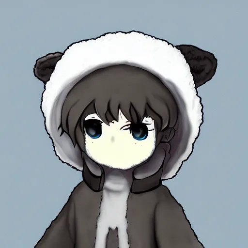 Image similar to little boy wearing sheep suit. white, gray, blue, green and brown pallet color. made in abyss art style, inspired in kris from deltarrune, cute detailed artwork