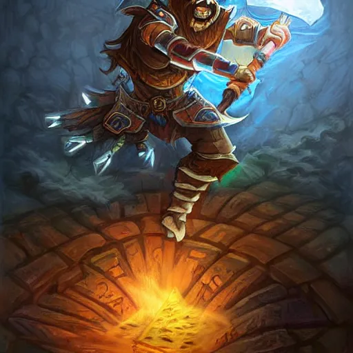 Image similar to a warrior falling into a deadly spike hole, trap door, hearthstone art style, epic fantasy style art, fantasy epic digital art