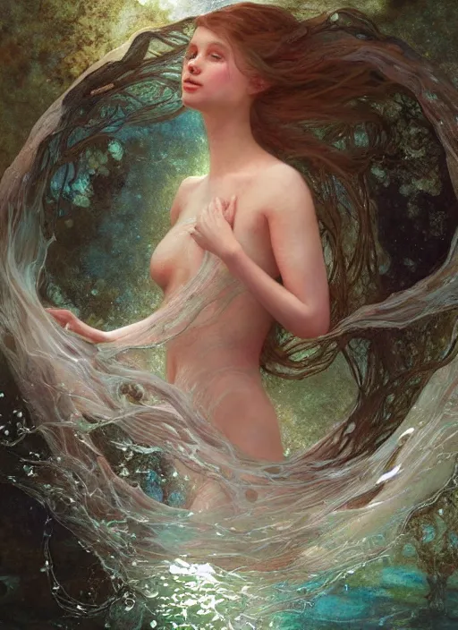 Prompt: hyper realist matte digital painting of a young beautiful woman, floating in water, bubbles rising, seaweed, fairytale, fantasy art, photo realistic, dynamic lighting, artstation, volumetric lighting, by mucha, by charlie bowater, by karol bak, by alma tadema