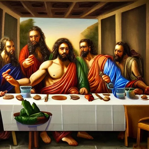 Image similar to ancient greec gods around dinner table in the style of last supper, painting, detailed, trending on artstation