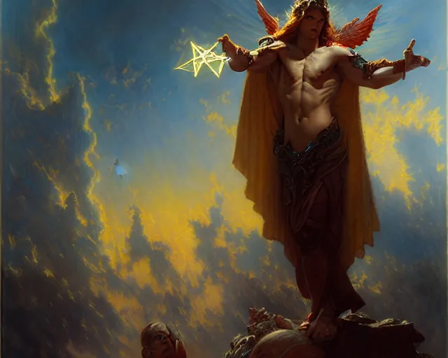 Image similar to attractive male deity, casting demonic magic, summoning handsome lucifer morning star. highly detailed painting by gaston bussiere, craig mullins, j. c. leyendecker 8 k