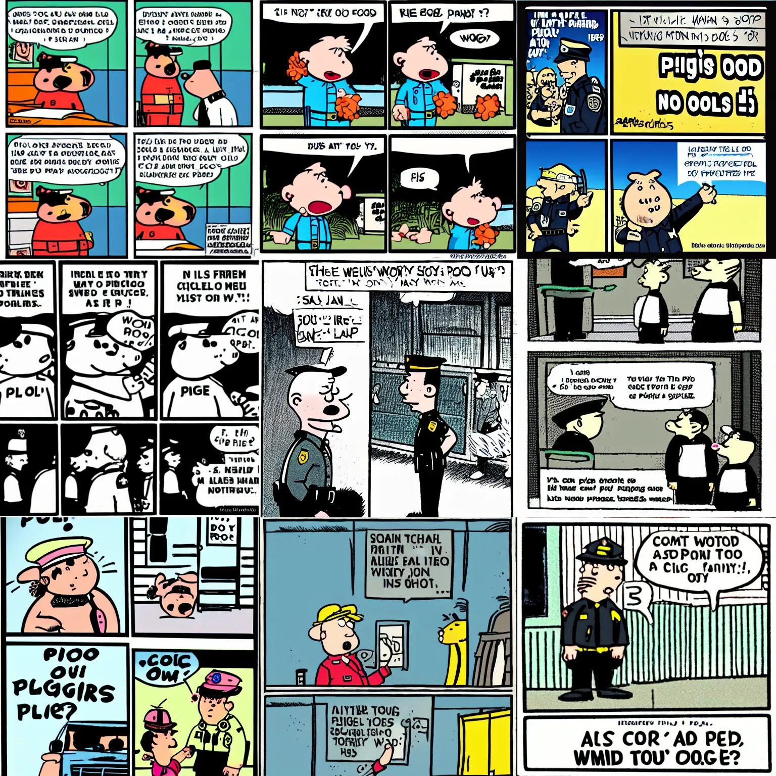 Prompt: sad cop looking at a,'no pigs allowed'sign, comic strip in the style of family circus