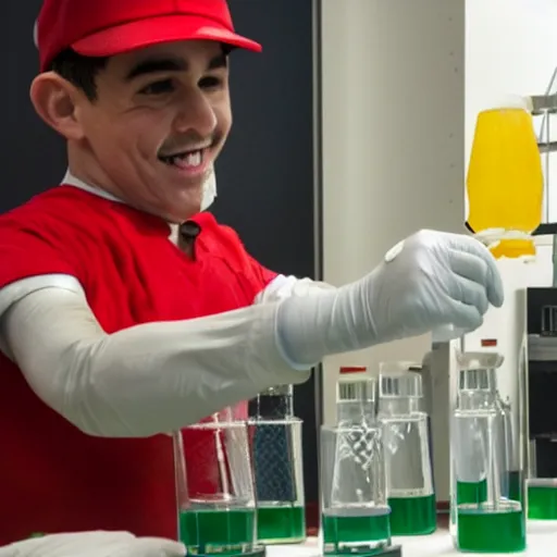 Image similar to Mario in lab doing experiments with his mushroom