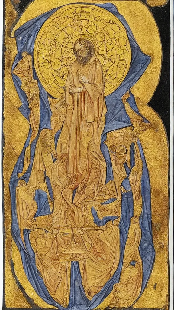 Prompt: scivias i. 3 : god, cosmos, and humanity is a medieval ink and gold leaf drawing created by hildegard von bingen in 1 1 6 5