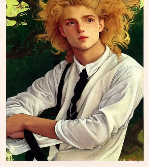 Image similar to clean cel shaded art of a pale androgynous blond young man, long fluffy curly blond hair, light platinum long blond hair, wearing black leather riding pants and a white poet shirt, Alexandre Cabanel, norman rockwell, peter paul rubens, maler collier, frank frazetta, alphonse mucha, gustav klimt 4k, unreal 5, DAZ, french noveau, trending on artstation, octane render, hyperrealistic