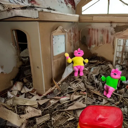 Image similar to burning teletubbies plush dolls inside abandoned dollhouse