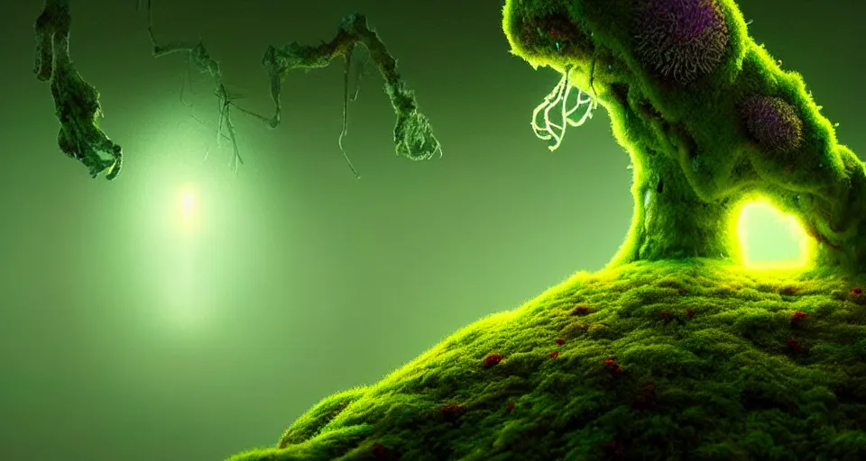 Image similar to a beautiful macro photography of moss with alien fungus, hyperdetailed, warm volumetric lights, made by gerald brom and mike winkelmann