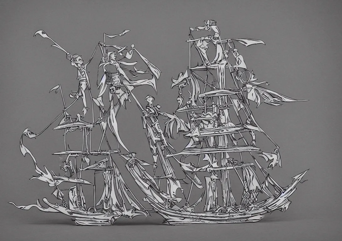 Image similar to a stylized cut paper sculpture of peter pan and captain hook sword fighting on a pirate ship