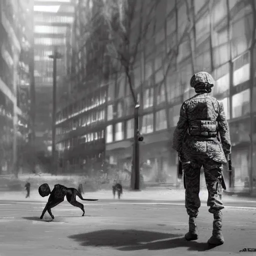 Prompt: black and white female soldier with sniffer dog exploring urban environment, concept art trending on art station 4k award-winning unreal engine