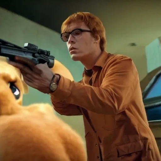 Prompt: scooby doo holding a gun, film still from the movie directed by denis villeneuve with art direction by bill ward, wide lens