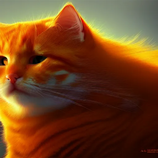 Prompt: colossal fluffy orange tabby cat, golden hour, fantasy, vivid colors, sharp focus, digital art, hyper - realistic, 4 k, unreal engine, highly detailed, hd, dramatic lighting by brom, trending on artstation