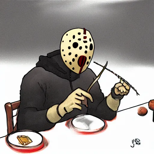 Prompt: Jason Voorhees eating breakfast, digital art