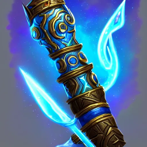 Image similar to bright weapon of warcraft blizzard wizard staff art, a spiral magical wizard staff. bright art masterpiece artstation. 8k, sharp high quality illustration in style of Jose Daniel Cabrera Pena and Leonid Kozienko, blue colored theme, concept art by Tooth Wu,