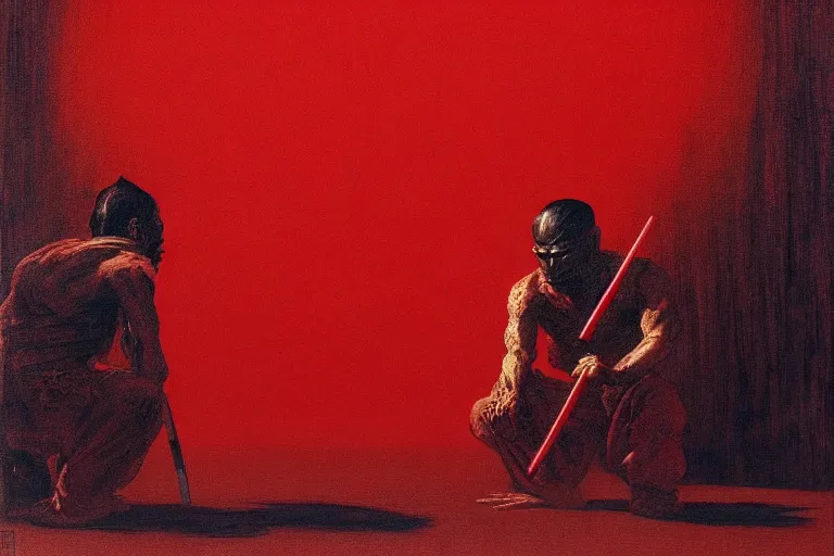 Image similar to only with red, a red samurai harakiri, tokio, a lot of frogs watch, in the style of beksinski, parts by edward hopper, parts by rodcenko, parts by yue minjun, intricate and epic composition, red by caravaggio, insanely quality, highly detailed, masterpiece, red light, artstation, 4 k