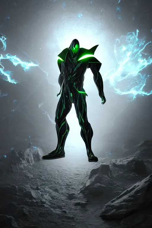 Image similar to electro storm supervillain, character design, radiating energy, mist, fog, photo realistic, octane render, unreal engine, hyper detailed, volumetric lighting