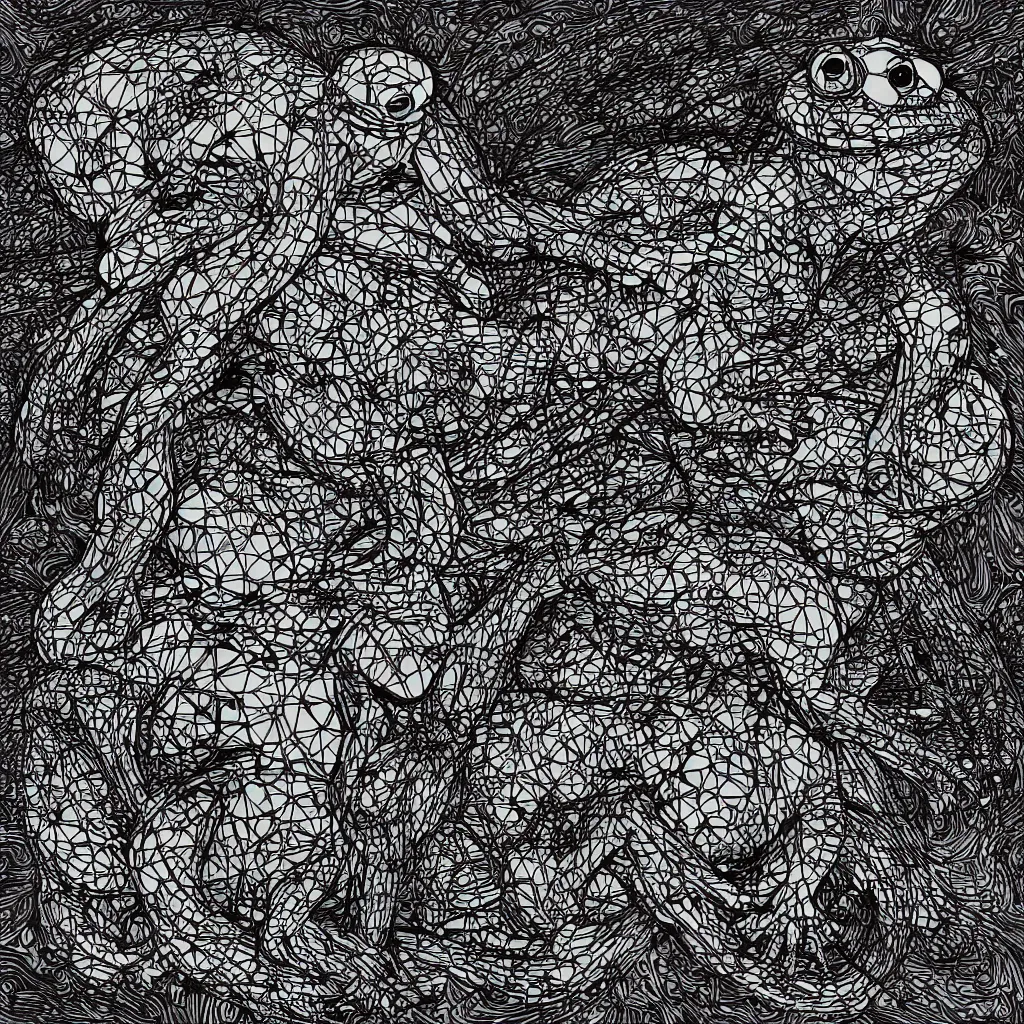 Image similar to toad head, ryuta ueda artwork, breakcore, technical, abstract, interference, computers, vectors, gloom, dimensions, frequency, subtle glitches, frogs, amphibians, geometry, data, minimal, code, cybernetic, album cover, dark, eerie, cyber