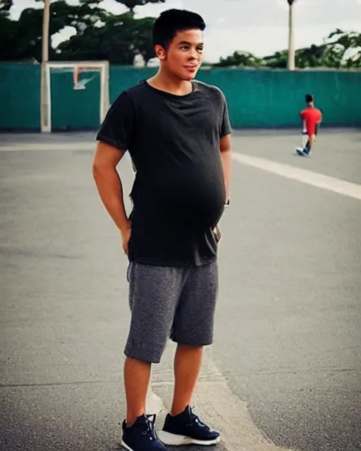 Image similar to “Attractive young Filipino man with a big pregnant belly playing basketball”