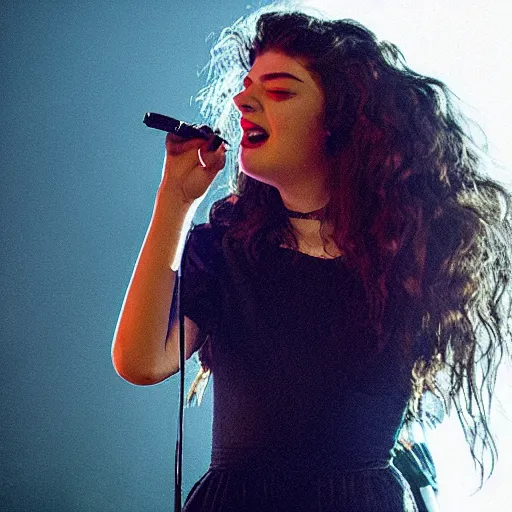 Image similar to lorde singing in a concert during a navy blue night