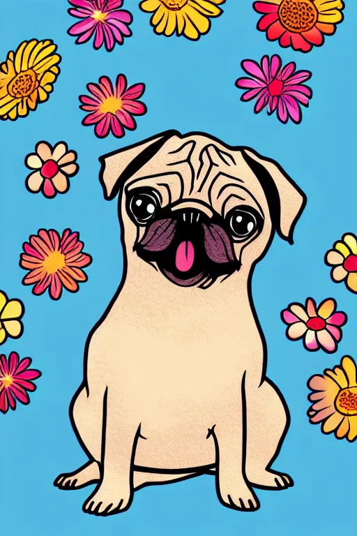 Image similar to pug eating flower. art by samantha mash, sticker, colorful, illustration, highly detailed, simple, smooth and clean vector curves, no jagged lines, vector art, smooth