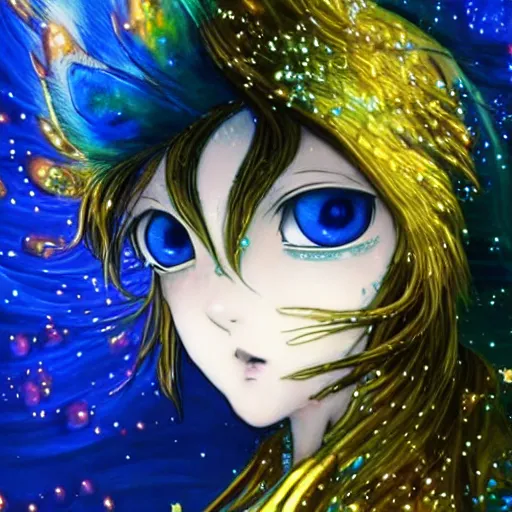 Prompt: portrait from an anime of an ethereal colorful blue starry peacock fox character, accented in bright metallic gold, wearing star filled magic imbued mage robes, art by yuji ikehata, background art by miyazaki, realism, proper human proportions, fully clothed