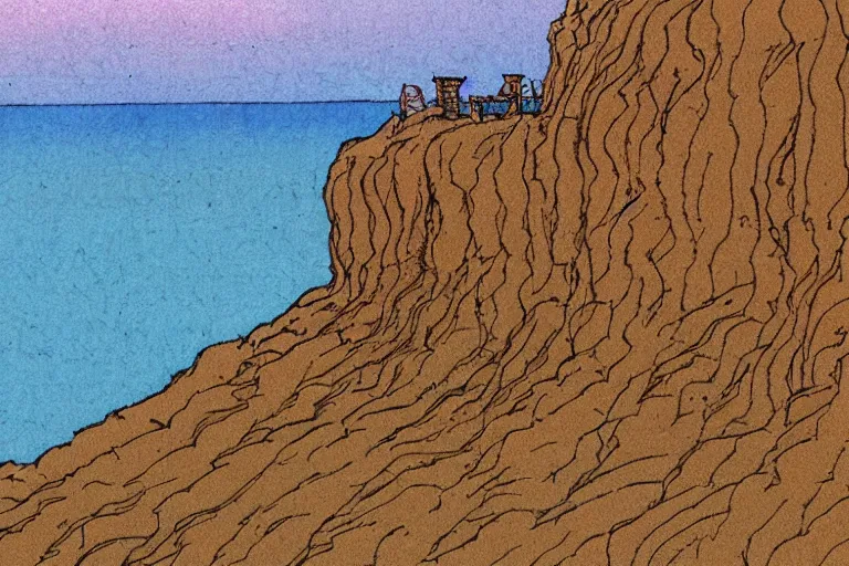 Image similar to seaside cliffs in the style of Moebius