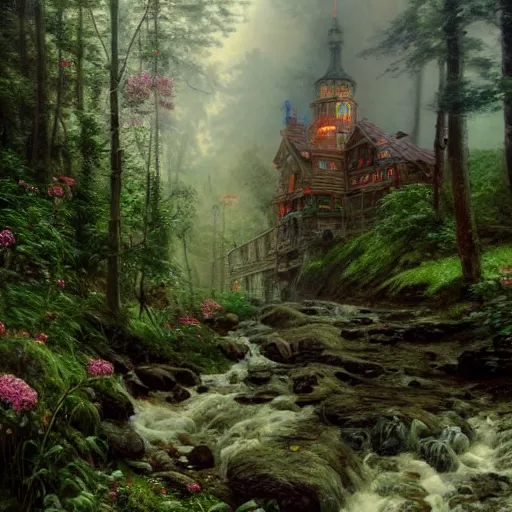 Image similar to candy mountain, ornate, beautiful, atmosphere, vibe, mist, smoke, fire, chimney, rain, wet, pristine, puddles, melting, dripping, snow, creek, lush, ice, bridge, green, forest, roses, flowers, by stanley artgerm lau, greg rutkowski, thomas kindkade, alphonse mucha, loish, norman rockwell