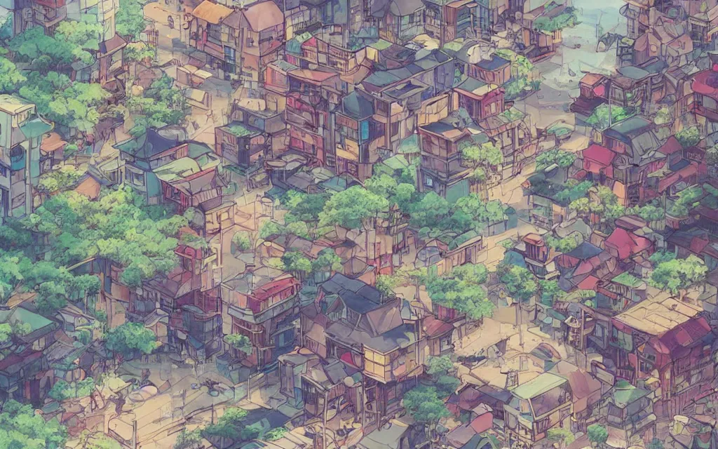 Image similar to a japanese city near the sea, lofi, dreamy, moody, very colorful, anime inspiration, ghibli vibe