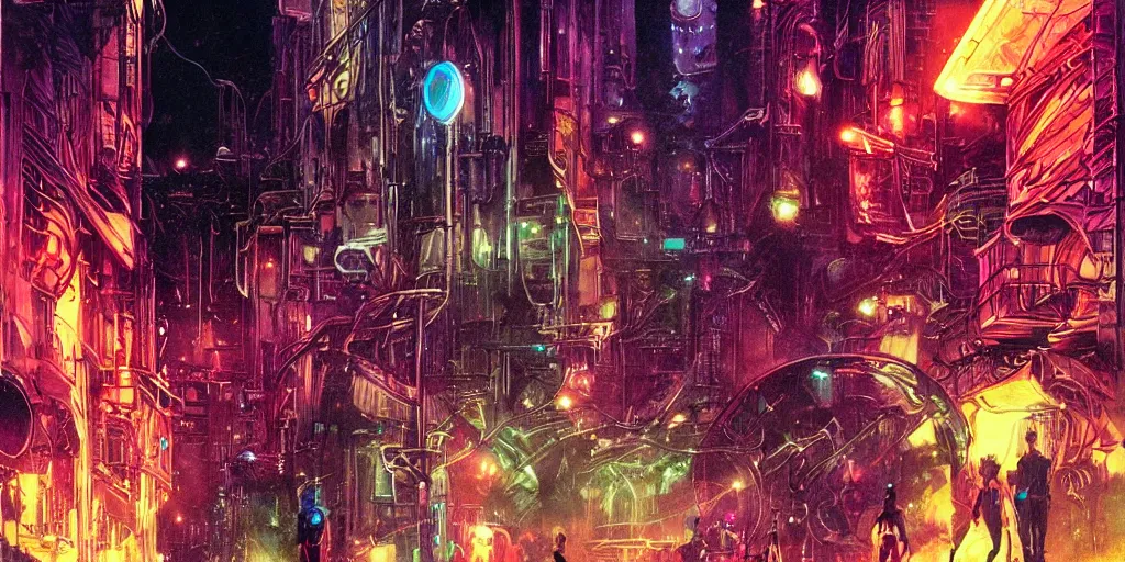 Prompt: futuristic steampunk alley , dark tall people, night, colored neons, mist, video screens, street lights, cinematic, star wars, illustration by moebius and Bill Sienkiewicz