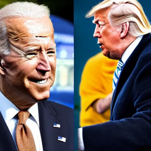 Image similar to Joe Biden with Trump’s orange makeup and bad hair on a windy day