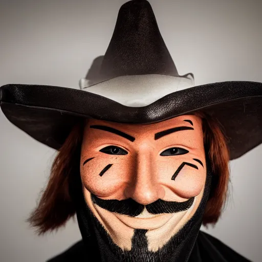 Prompt: australian man in the style of guy fawkes mask, professional cosplay, cinematic, key light, 4 k, 8 k, photorealistic, ultra realistic, hyperrealistic, funny