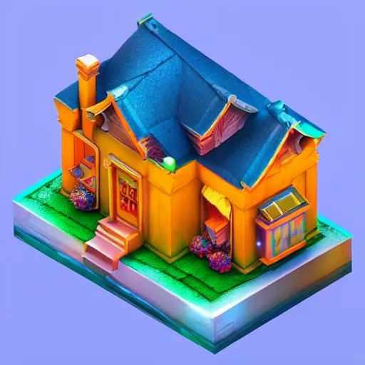 Prompt: Isometric 3D Fantasy Cute House, very realistic, no background, 3D character, very colourful, cinematic lighting, soft neon, CGI render, trending on Behance