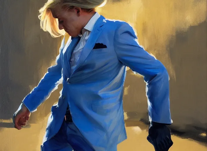 Prompt: greg manchess portrait of a defeated blond man in a blue suit on the ground in an arena, profile picture, organic painting, sunny day, matte painting, bold shapes, hard edges, street art, trending on artstation, by huang guangjian, gil elvgren, ruan jia, randy vargas, greg rutkowski