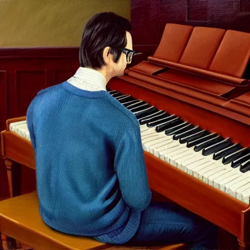 Prompt: An Oil Painting of the back view of Rivers Cuomo in a sweater with long hair and a mustache masterfully playing the piano, hyperrealistic, extremely realistic, highly realistic, HD Quality, 4k resolution, 8k resolution, Detailed, Very Detailed, Highly Detailed, Extremely Detailed, Intricate Details, Real, Very Real, Oil Painting, Digital Painting, Painting, Trending on Deviantart, Trending on Artstation