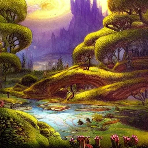 Image similar to A beautiful mixed mediart of a landscape. It is a stylized and colorful view of an idyllic, dreamlike world with rolling hills, peaceful looking animals, and a flowing river. The scene looks like it could be from another planet, or perhaps a fairy tale. decopunk by Ken Kelly, by Peter Zumthor atmospheric