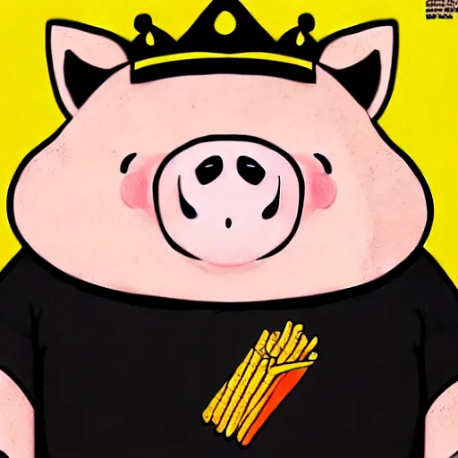 Image similar to comic art of a obese pig in a black tshirt wearing a crown eating snacks, drawn by Bruce MacKinnon, vivid color, cgsociety 4K