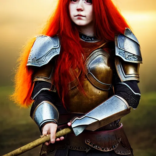 Image similar to north girl, adult, warrior, red hair, ginger hair, fantasy, high detailed, photography, cloudy, lightweight armor, Scandinavia, plain, Authentic, detailed face, cute face, spear in hand