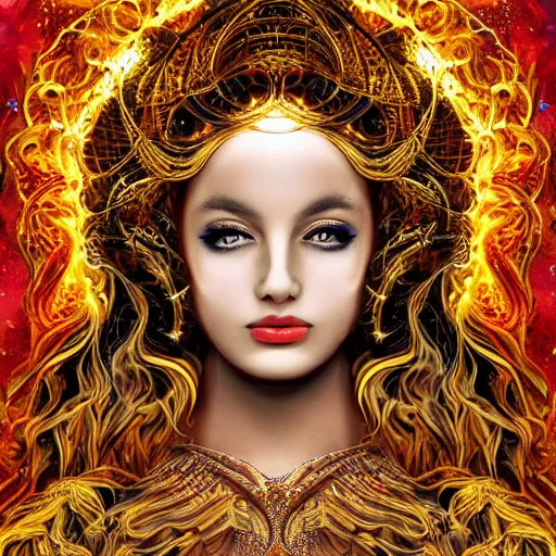 Prompt: goddess of beauty, pheonix fire, cosmic, golden dressing, golden ratio, intricate, digital art, elegant, highly detailed, pompous, 8 k - n 4