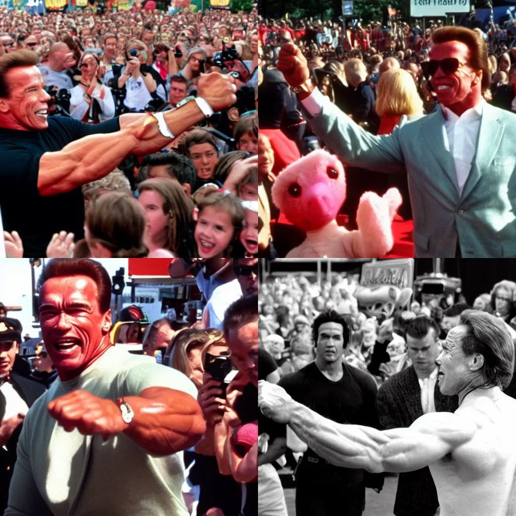Prompt: arnold schwarzenegger anounconing to a crowd i am the gummybear of candycornia