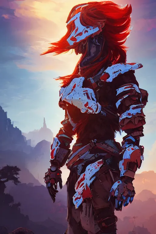 Image similar to combination suit armor aloy horizon forbidden west horizon zero dawn radiating a glowing aura global illumination ray tracing hdr fanart arstation by ian pesty and alena aenami artworks in 4 k tribal robot ninja mask helmet backpack